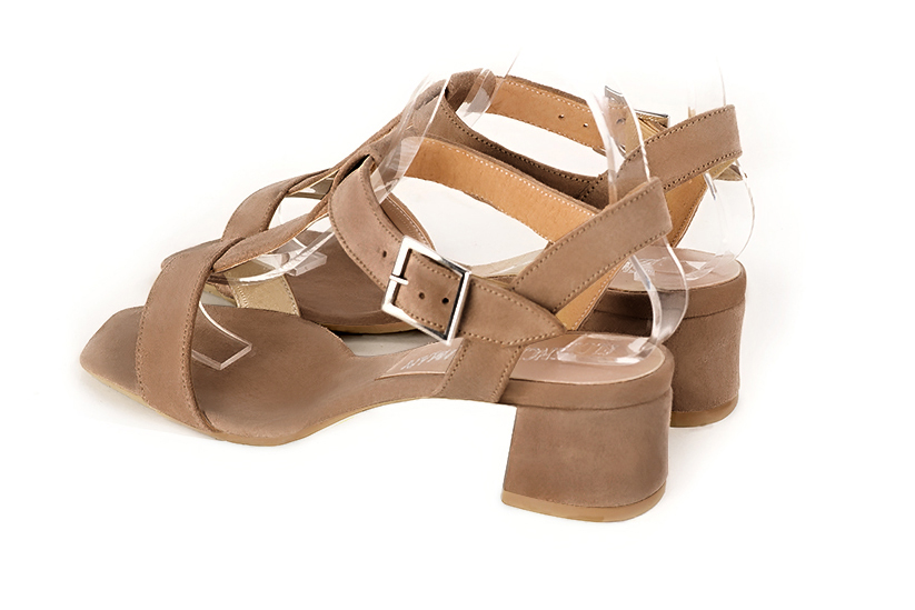 Biscuit beige women's fully open sandals, with an instep strap. Square toe. Low flare heels. Rear view - Florence KOOIJMAN